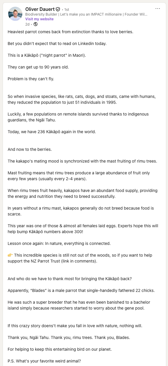 how-to-write-a-good-linkedin-post-oliver-dauert-example-kākāpō